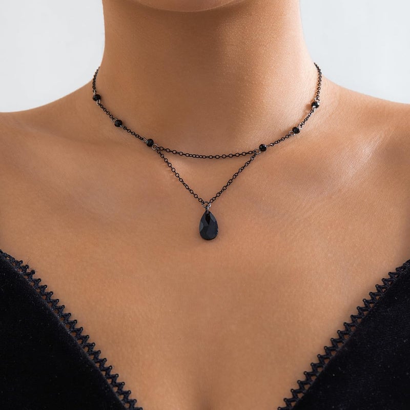 Cicod Gothic Y Necklace,Goth Black Red Crystal Bead Teardrop Necklace,Punk Y Necklace,Halloween Christmas New Year Jewelry Vampire Accessories for Women - Image 2